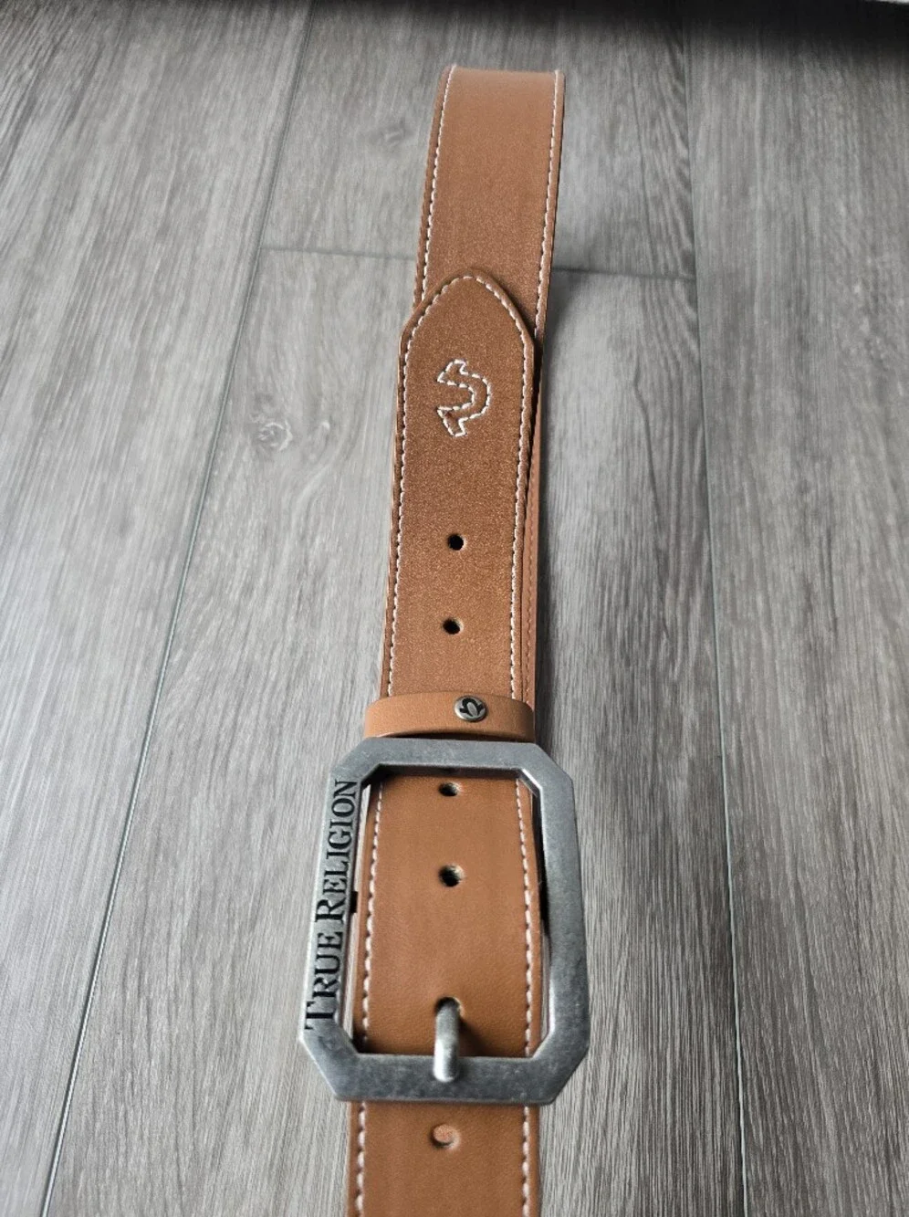 True Religion Tan Horseshoe Logo Belt Silver Buckle Western Y2K Faux Leather M/L